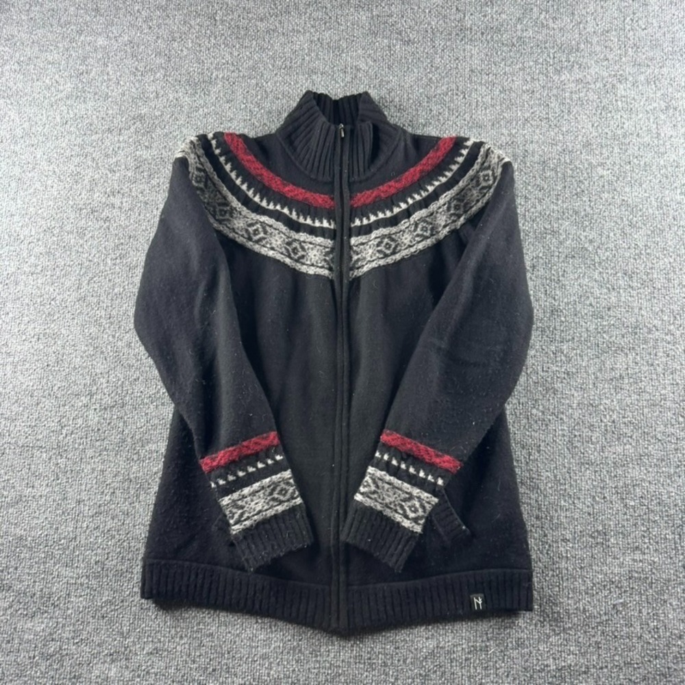 Neve Sweater Womens XL Black Wool Fair Isle Nordic Full Zip Mock Neck Ski